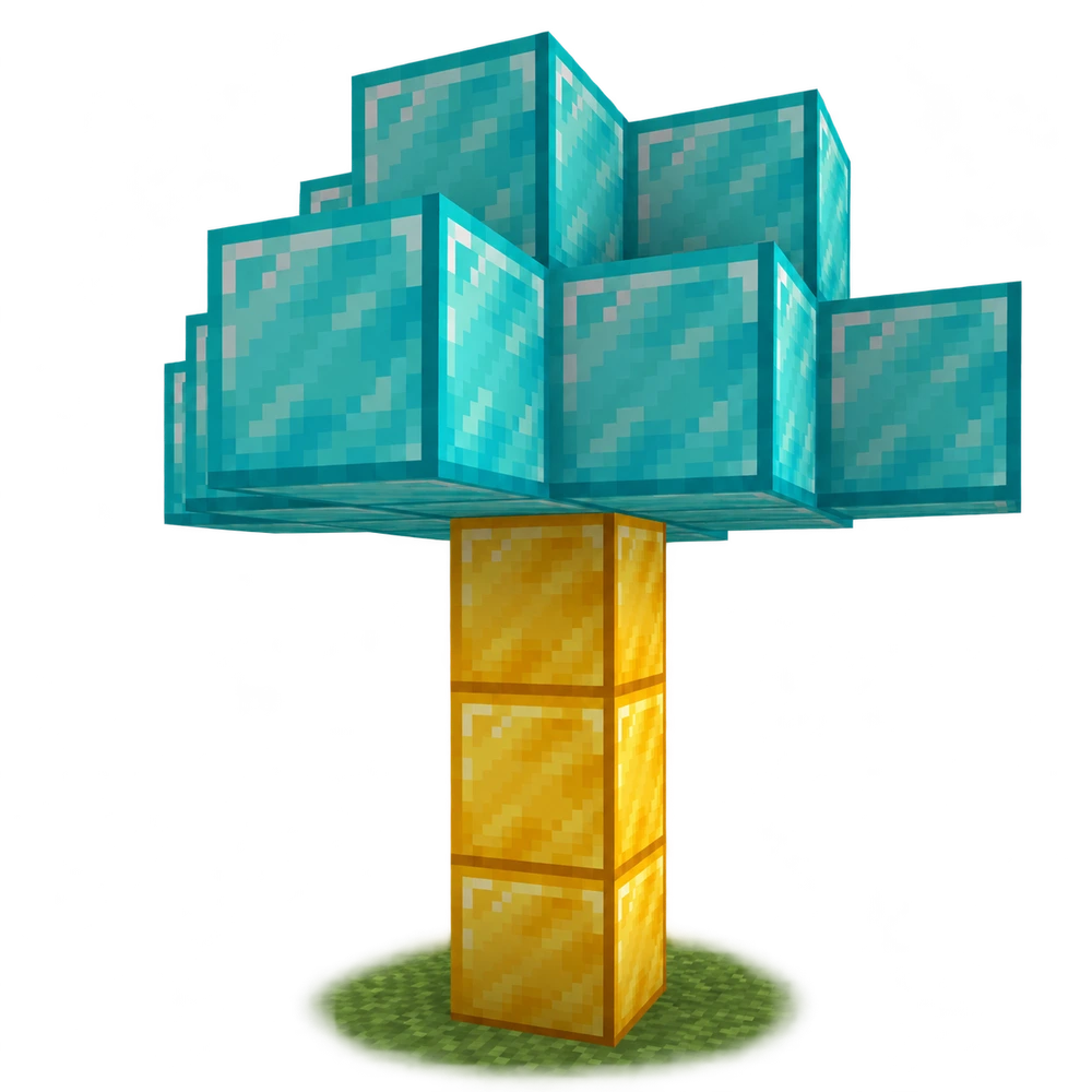 An in-game Diamond Tree with a crown of diamond blocks and a gold-block trunk on a small patch of grass.