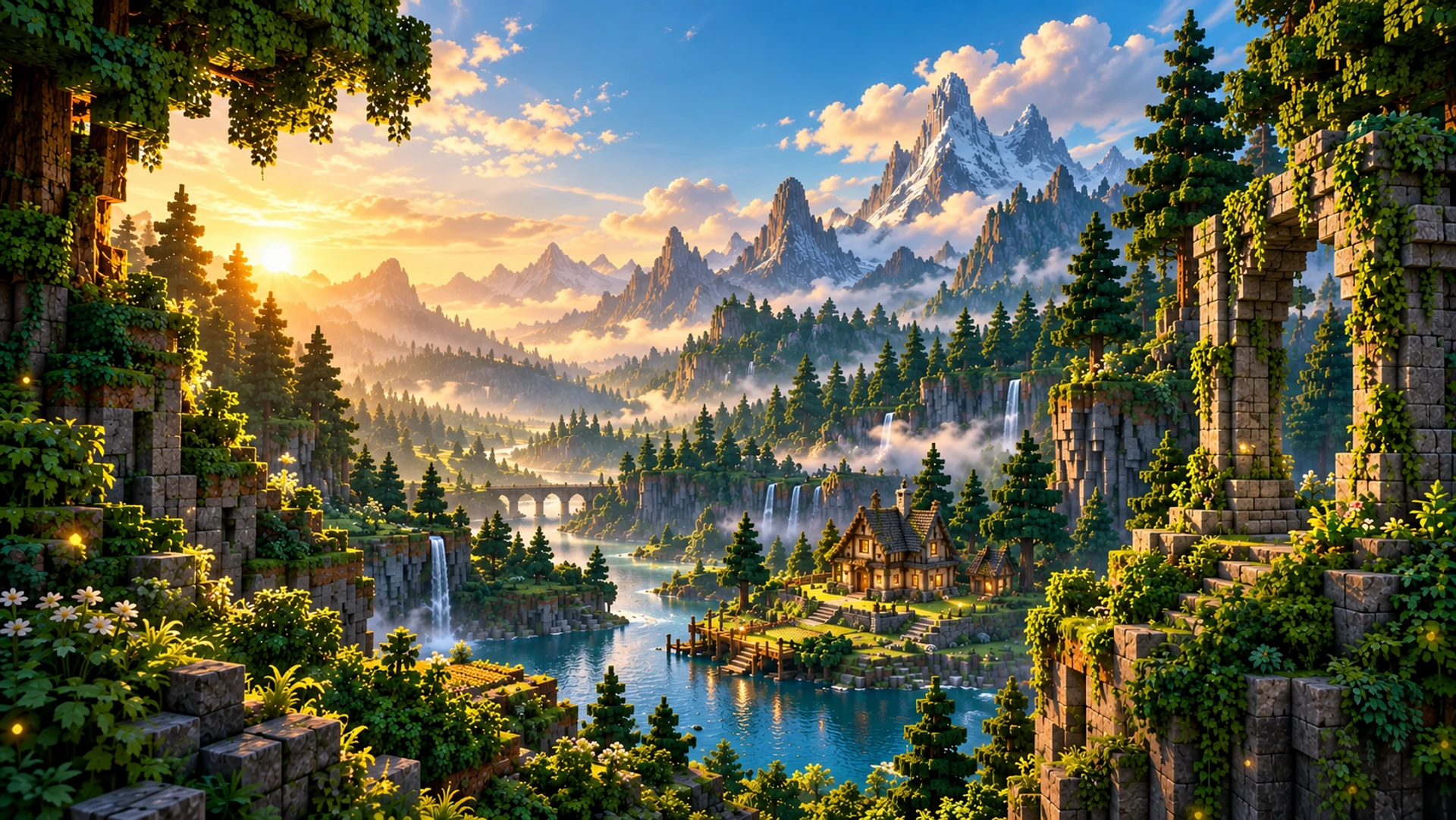 An imagined Minecraft valley of forested mountains, a riverside homestead and ancient stone arches